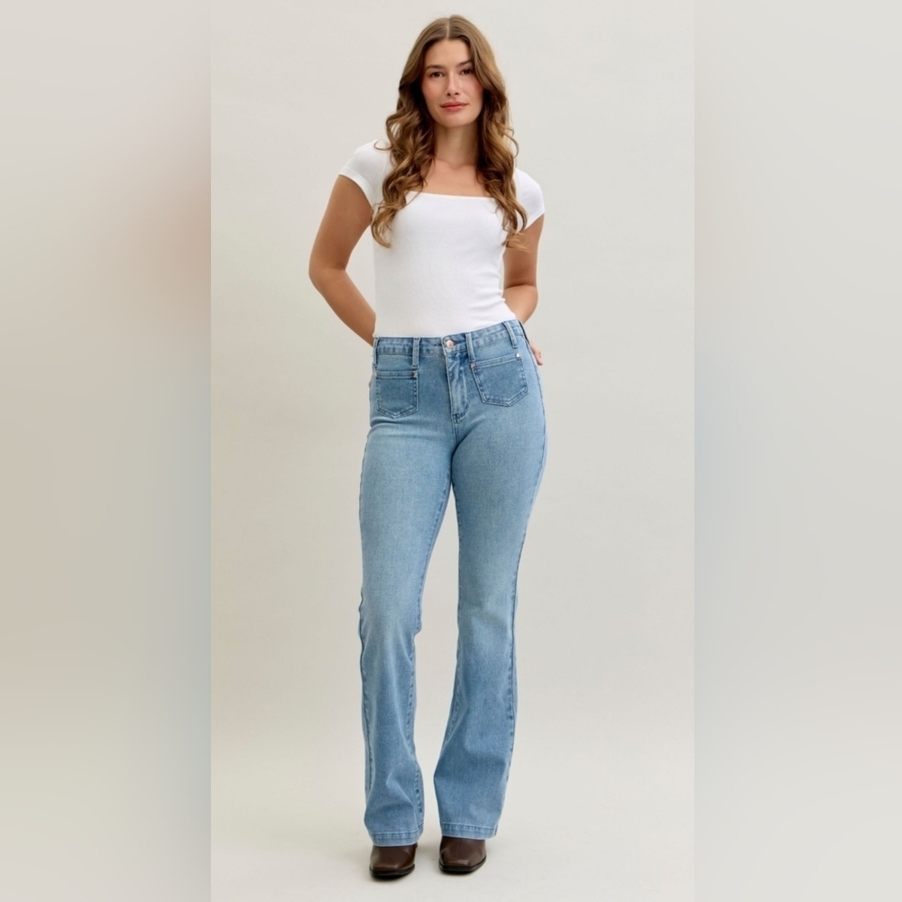 Judy Blue MR Medium Contrast Wash Bootcut Jeans Front Patch Pocket Various NEW